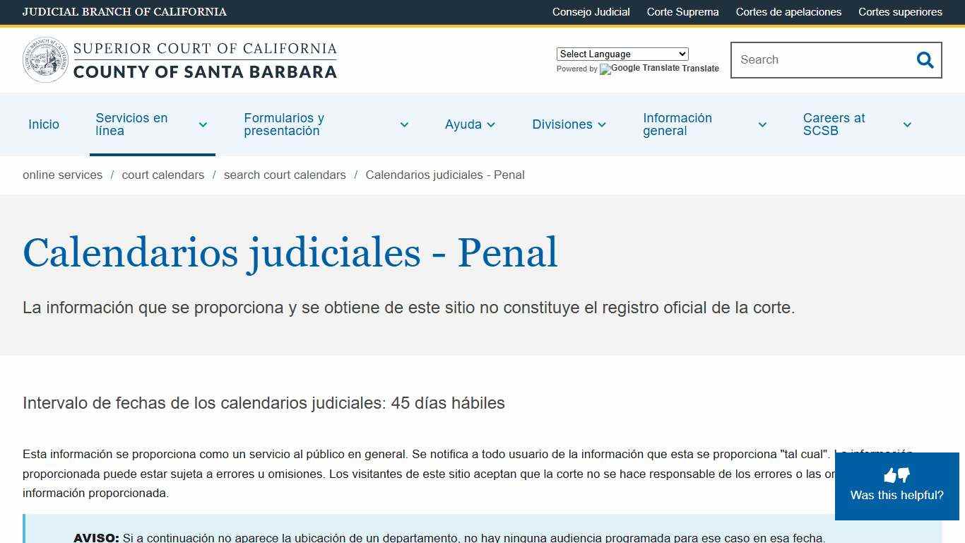 Calendarios judiciales - Penal Superior Court of California County of Santa Barbara