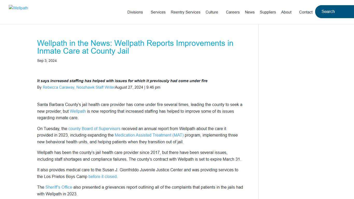 Wellpath in the News: Wellpath Reports Improvements in Inmate Care at County Jail - Wellpath